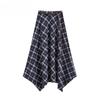 Autumn Retro Plaid Skirt Women High Waist A Line Midi Length Irregular Hem Vintage Fashion
