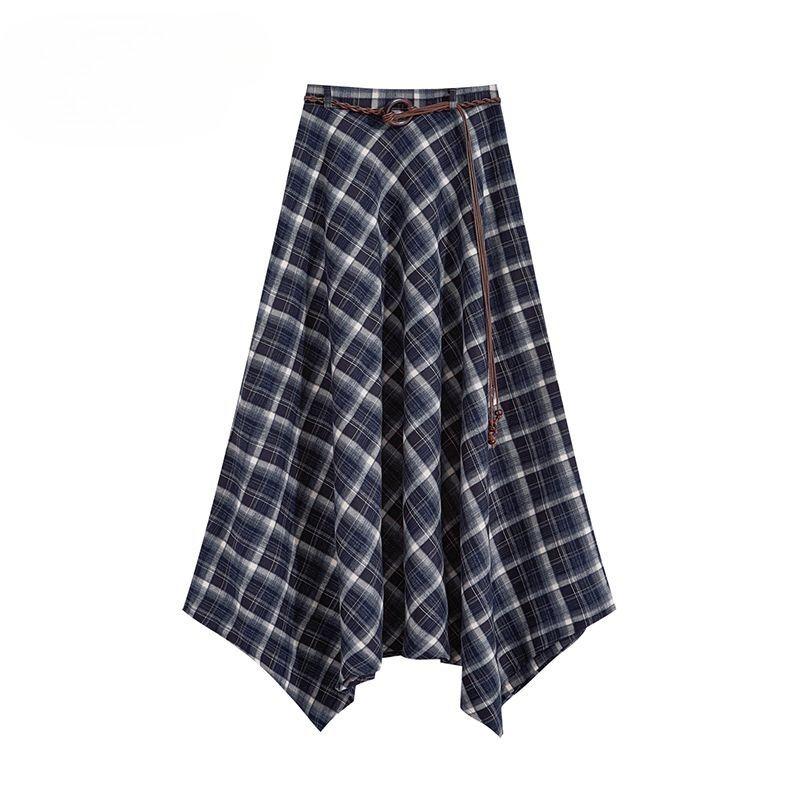 Autumn Retro Plaid Skirt Women High Waist A Line Midi Length Irregular Hem Vintage Fashion