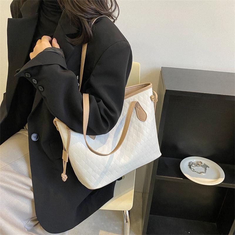 Large Capacity Women Casual Fashion Solid Plaid Daily Tote Shoulder Bag