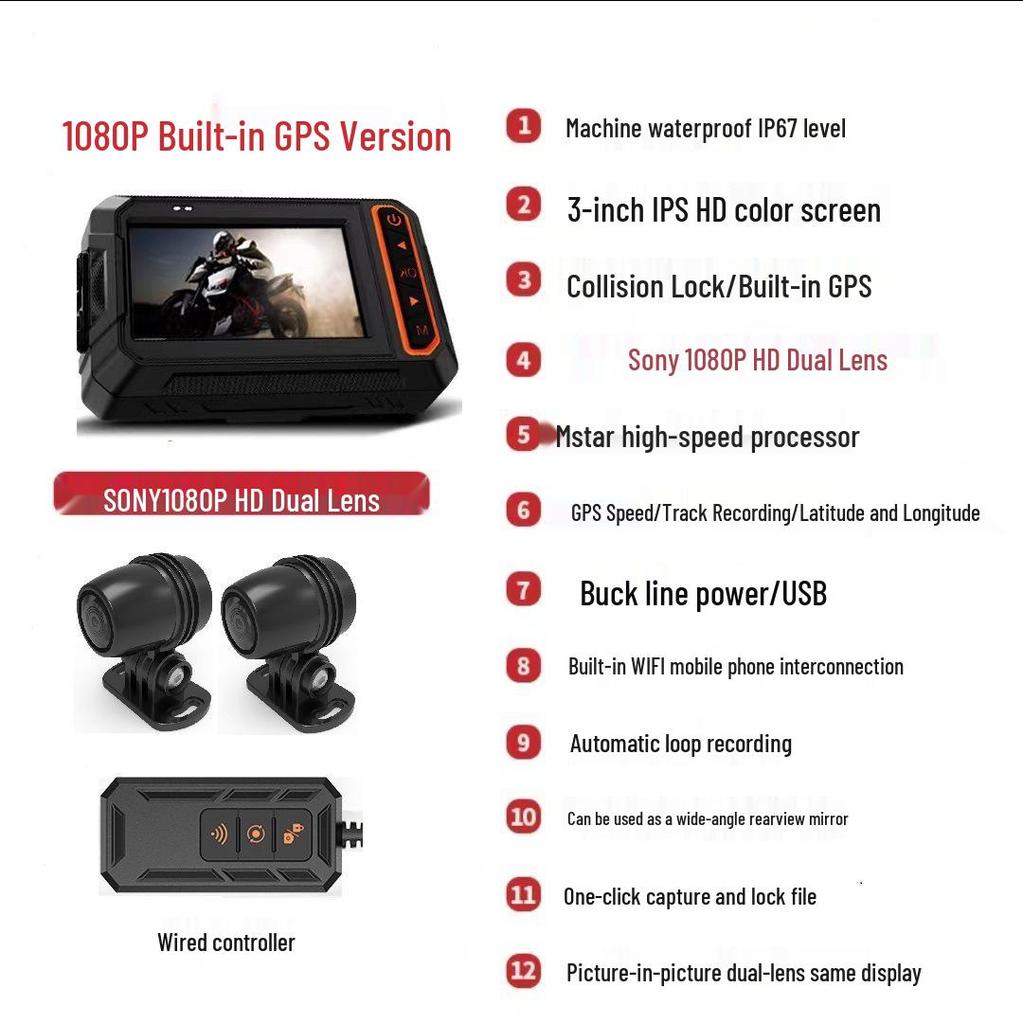 Dual Recording Motorcycle Dash Cam: Front/Rear, HD Night Vision, GPS, Waterproof, WiFi