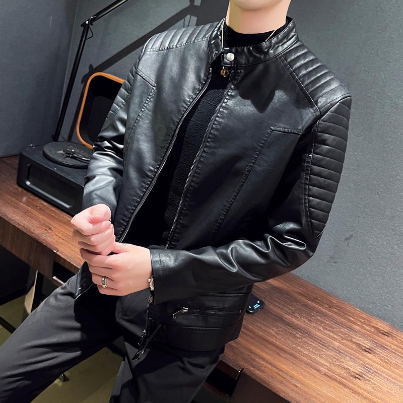 Men's Autumn Winter PU Leather Flight Jacket - Stand Collar, Casual, Trendy Motorcycle Outerwear, Plus Size Available.