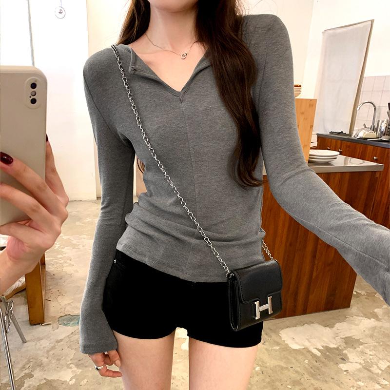 Spring new simple collar long-sleeved lapel bottoming shirt women slightly fat and thin waist T-shirt