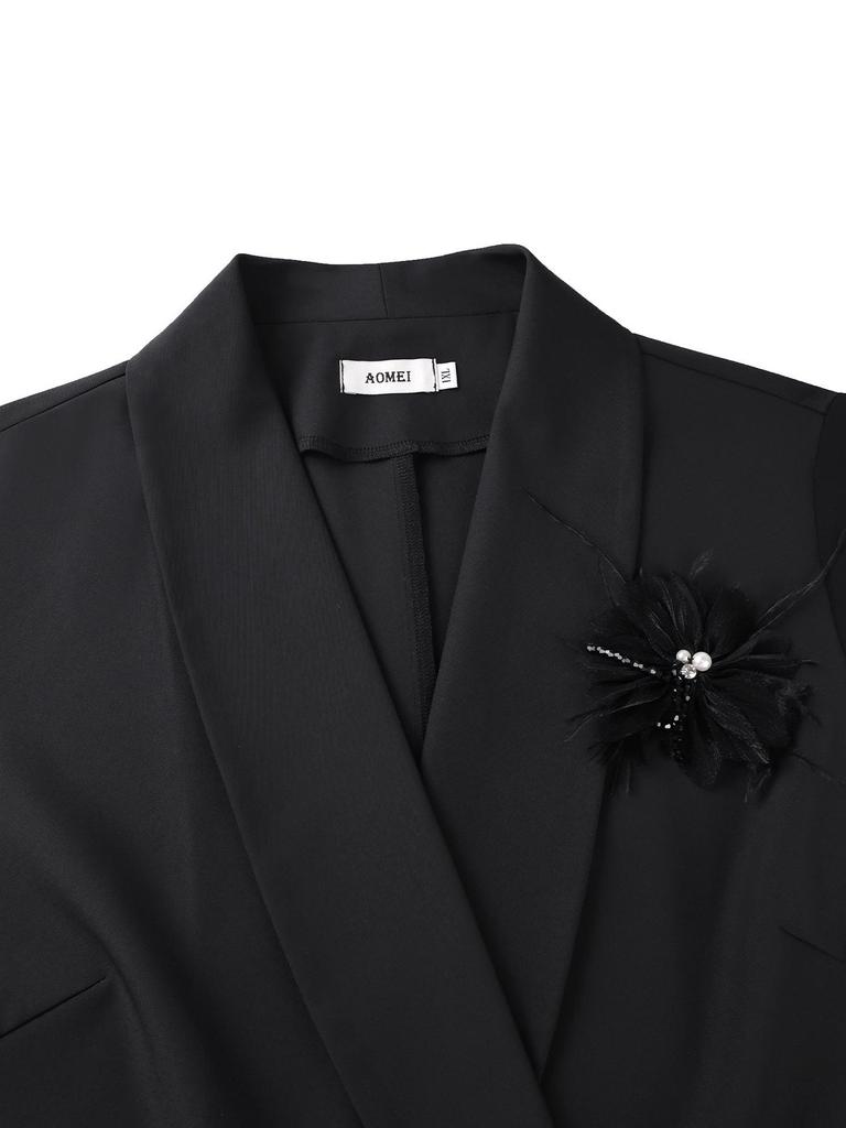 Women's Plus Size Waist-Cinched Black Suit Set with Ruffle Sleeves and 3D Flower Blazer