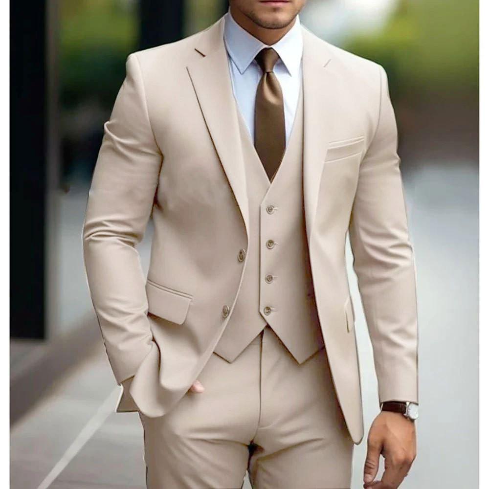 New Men's Suits Formal Outfits 3 Pcs Elegant Single Breasted Notch Lapel Formal Blazer Slim Fit Costume (Jacket + Vest + Pants)