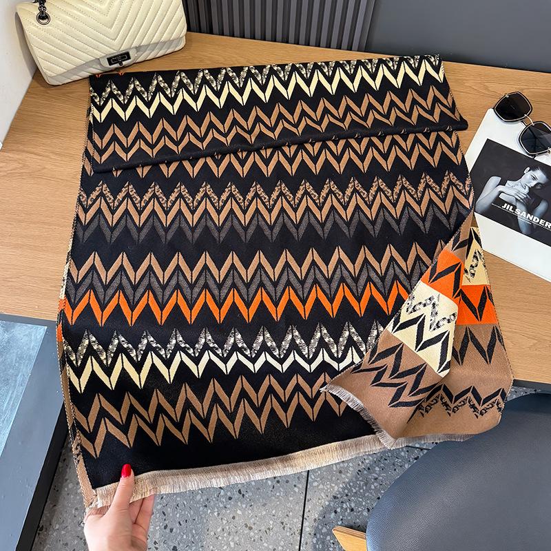 

Scarf women s winter high-grade imitation cashmere double-sided geometric stripes warm and cold-proof large shawl versatile scarf 185cm