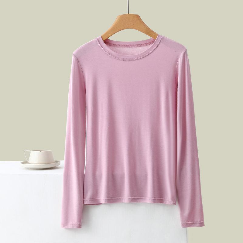 Women's Crew Neck Long Sleeve Tee Slim Fit Commuter Casual Top Solid Rayon Spandex Summer Undershirt Basic Layering Shirt