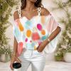 Women Plus Size Off Shoulder V Neck Short Sleeve Blue Black Abstract Print Loose Blouse