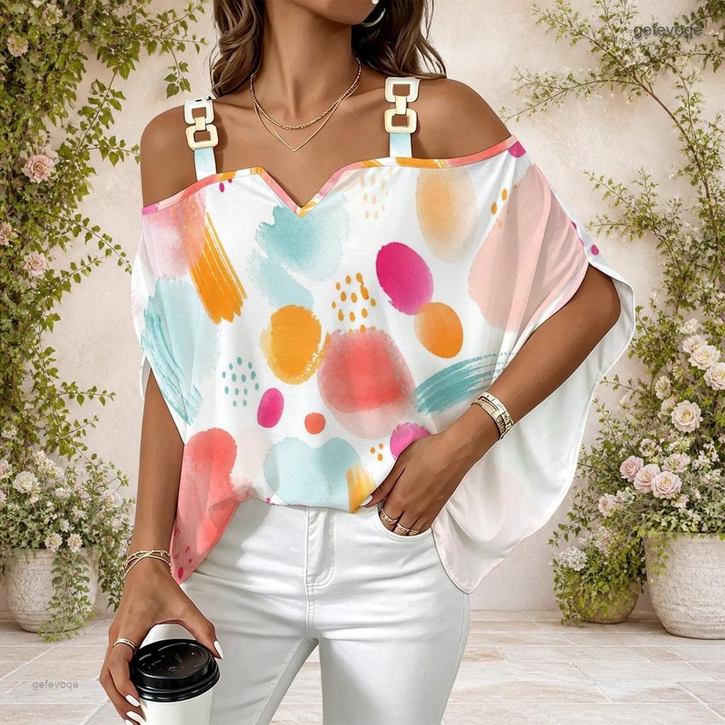 Women Plus Size Off Shoulder V Neck Short Sleeve Blue Black Abstract Print Loose Blouse