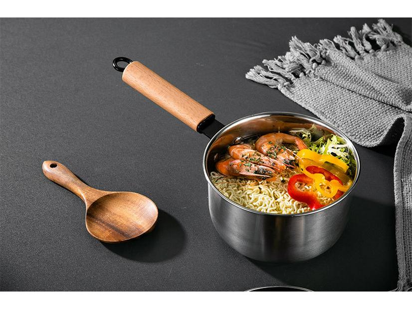 Stainless Steel Milk & Baby Food Pot with Thickened Base and Wooden Handle, Multi-functional Steamer Pot