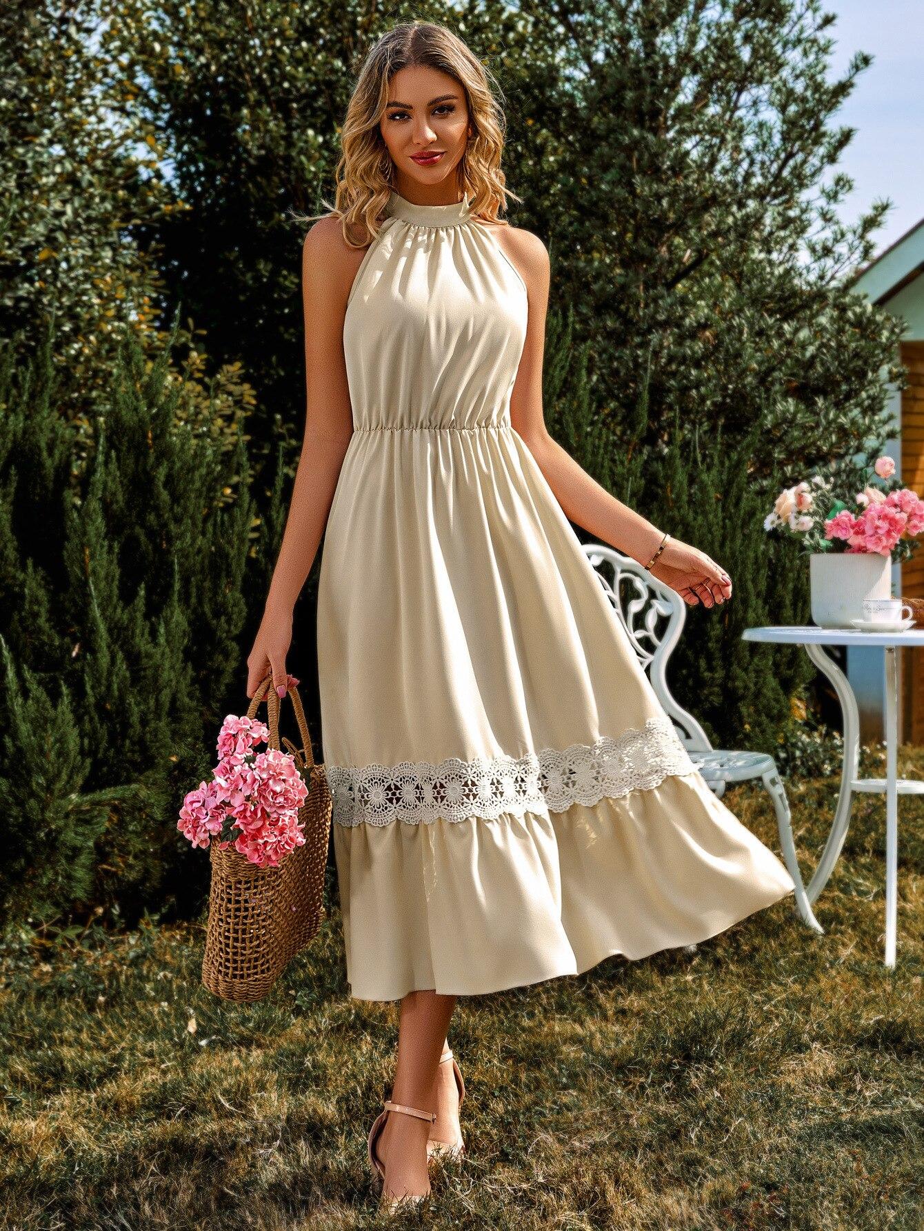 

Летнее милое свободное однотонное длинное платье А-силуэта повседневное элегантное женское платье модное платье без рукавов с лямкой через шею в стиле пэчворк с кружевом 25305 XL