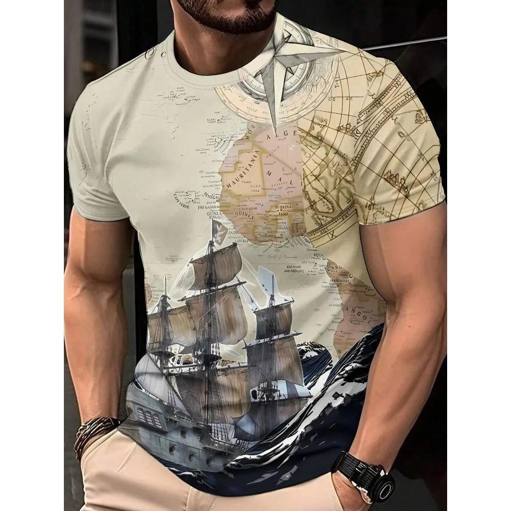 Retro Steamship Pattern 3D Print Short Sleeve T-shirt Summer Comfortable Fashionable Breathable Plus Size Casual Versatile Sports Men's T-shirt