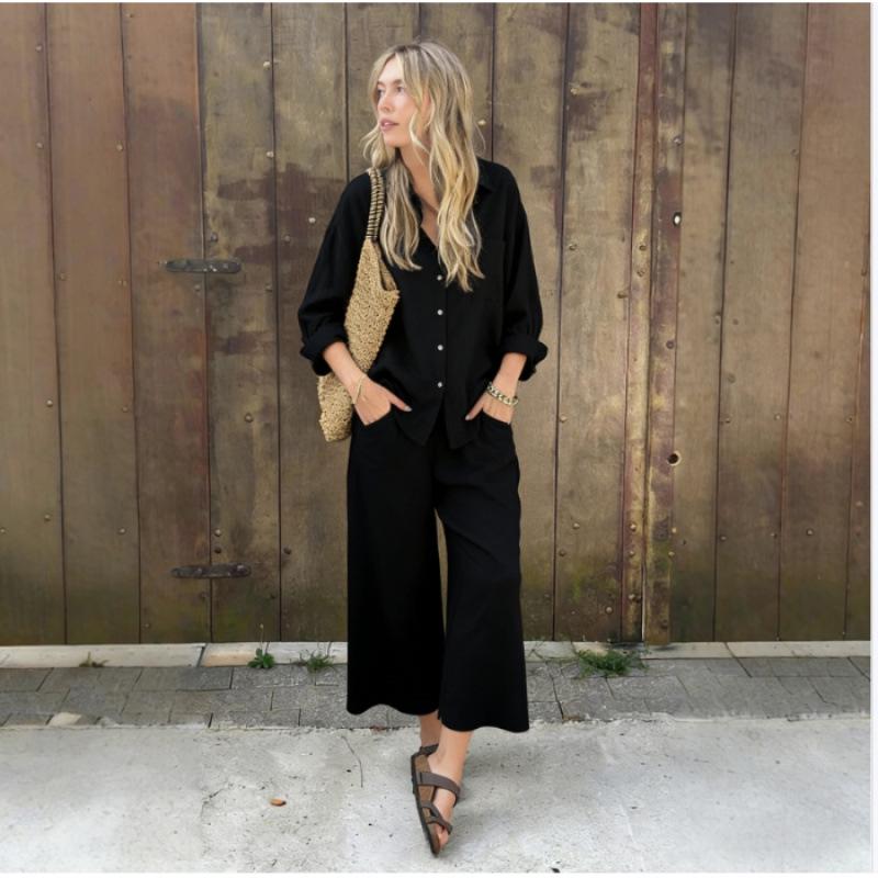 Spring Fashion Women's Plus Size Two-Piece: Linen-Style Shirt & High-Waisted Loose Pants