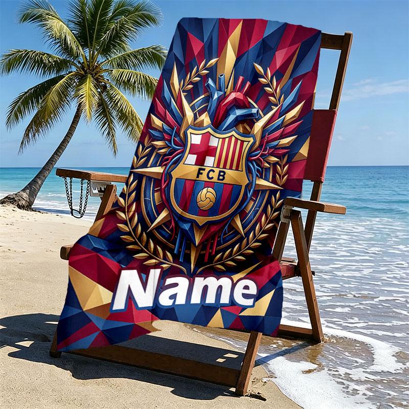 Custom Name Personalized Barcelona FC Soccer Print Beach Towel, for Trip Camping Beach Party Home Decor, Birthday Gift for Family & Friends