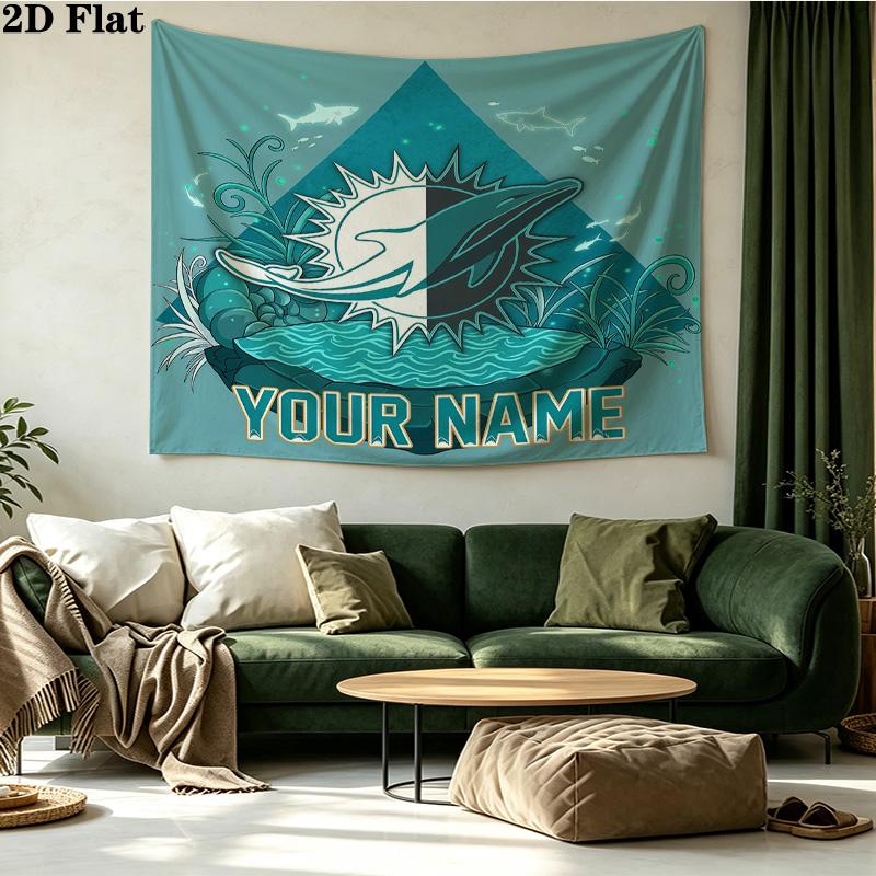 Benutzerdefiniertes Namensschild Miami Dolphins Bedruckter Wandteppich – Wandbehang für Schlafzimmer, Studentenwohnheime und Heimdekoration