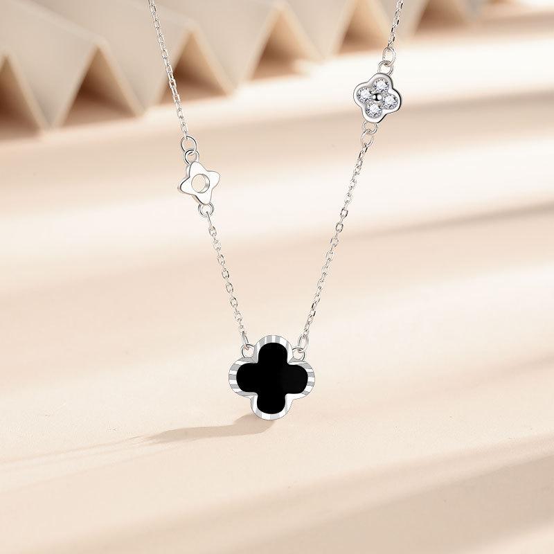S999 Pure Silver Clover Red Agate Necklace Female Pendant Light Luxury Minority