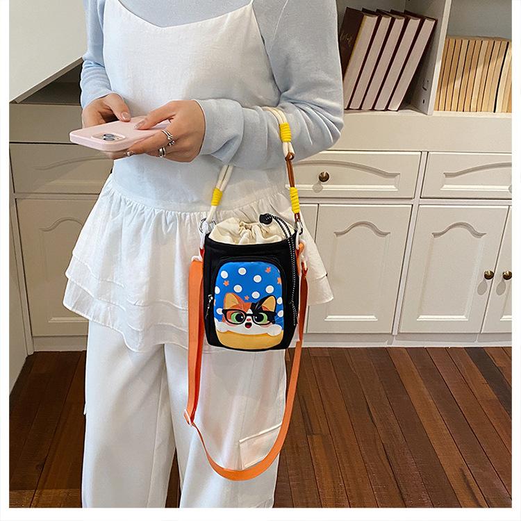 Cute Cartoon Print Water Bottle Bag Women's Commuter Satchel Soft Polyester Material Zipper Closure Vertical Shape Storage Bag