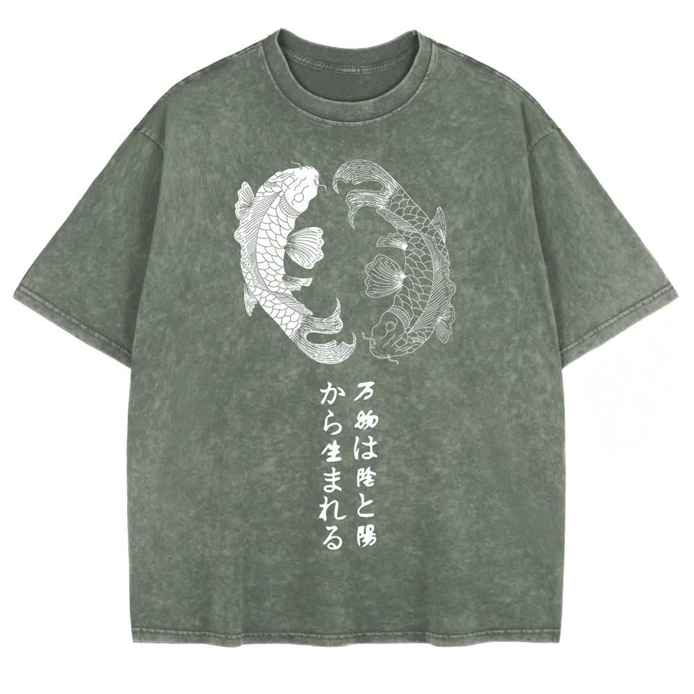 Japanese Koi Harajuku Printed Washed T-Shirts Mens Cotton Short Sleeve Tops Casual O-Neck Oversize T Shirt Soft Clothes