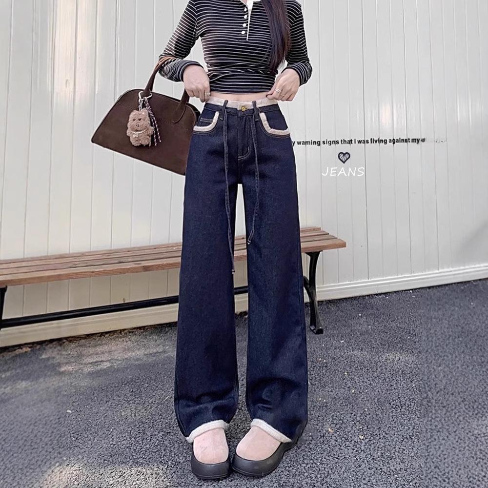

2024 Winter High-Waist Retro Slimming Plus Velvet Wide-Leg Jeans for Women M