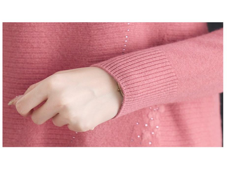 Autumn/Winter 100% Pure Wool Sweater for Mature Women - Knitted Base Layer with Stylish Embroidered Half-High Neck