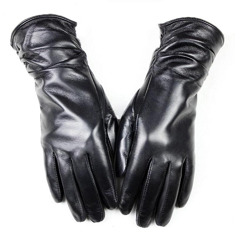 Sheepskin Leather Gloves Women's Fashion Elastic Style Velvet Lining to Keep Warm in Autumn and Winter Retro Color Points