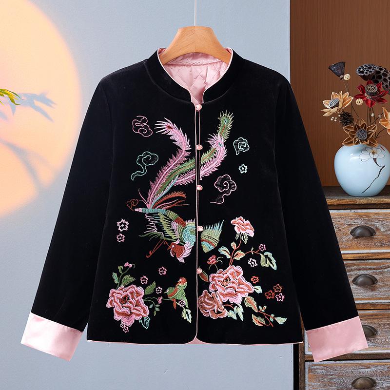 2025 Autumn/Winter Chinese Style Heavy Embroidery Color Block Retro Silk Velvet Padded Jacket
