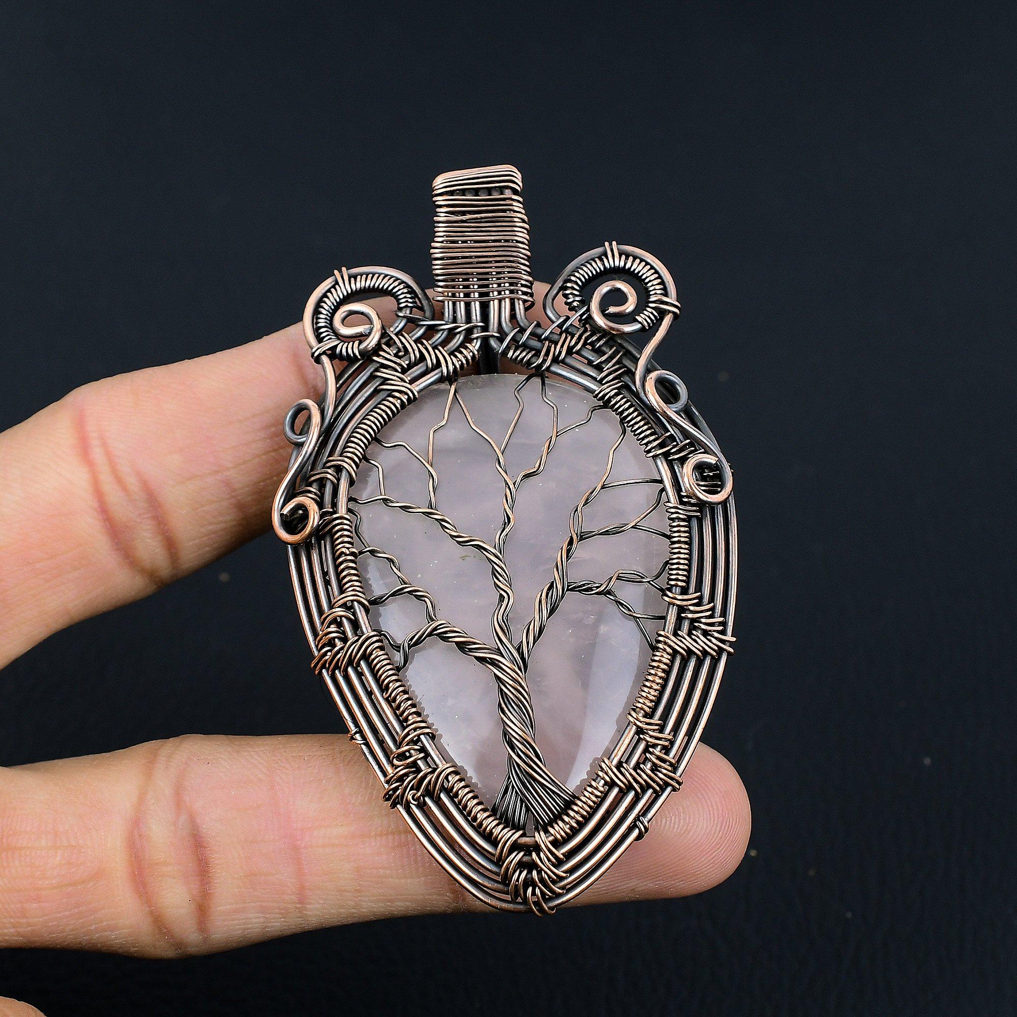

Tree Of Life Rose Quartz Jewelry, 999 Copper Wire Wrapped Pendant Handmade Gemstone Jewelry, Gifts For Wife Brand New Pendant 2.55 Inches