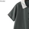 ZANZEA Womens Splice Turn Down Collar Casual Short Sleeve Dress