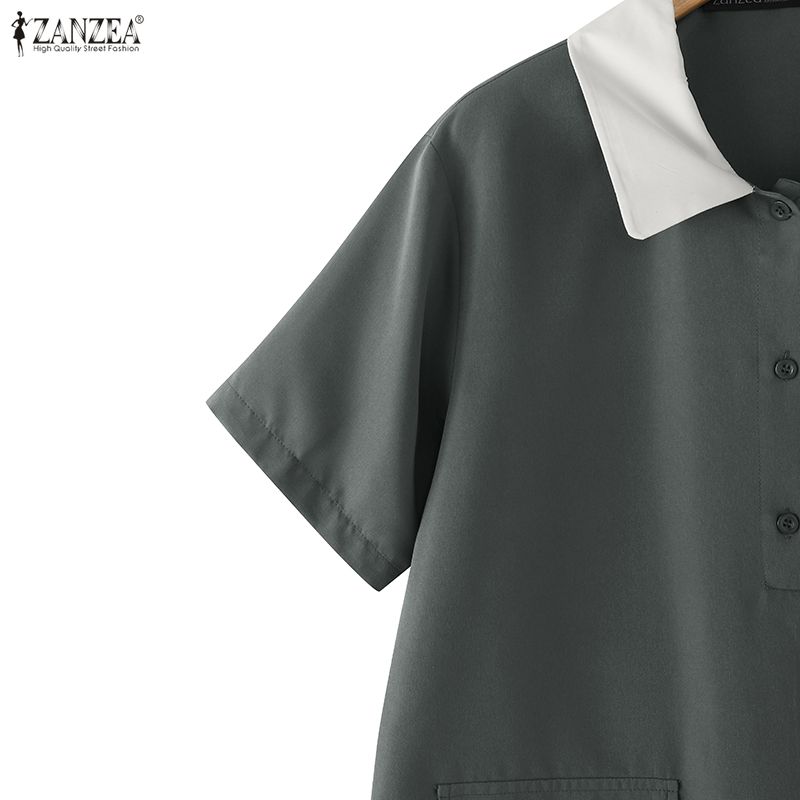 ZANZEA Womens Splice Turn Down Collar Casual Short Sleeve Dress