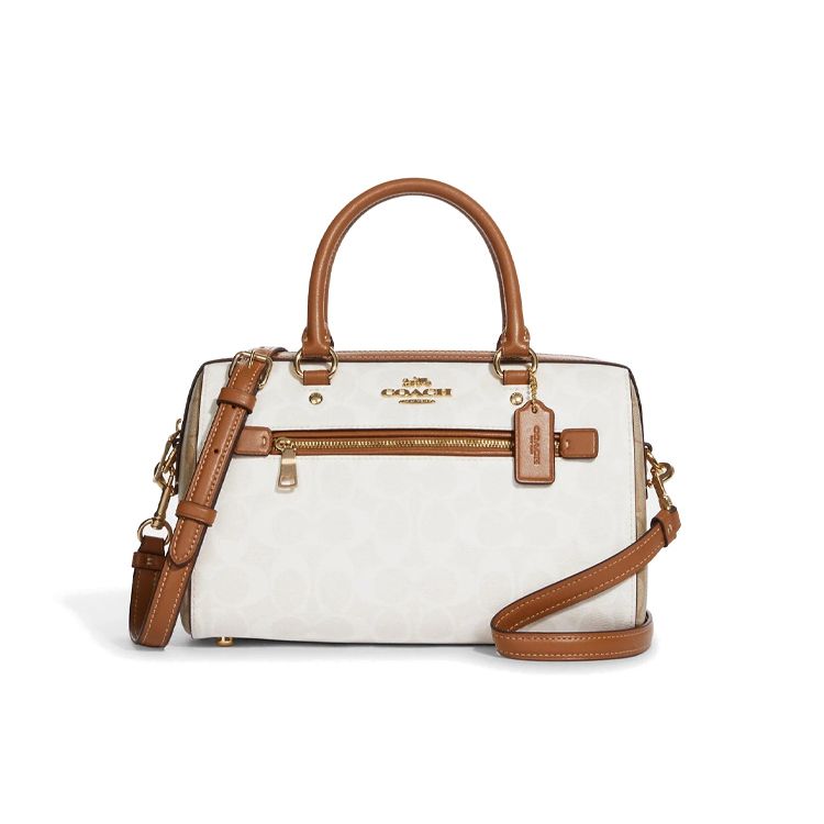 Coach Women's White/Brown Rowan 27 Classic Monogram Print Zipper Closure Canvas And Leather Boston Bag Handbags Ca149-Imrfi