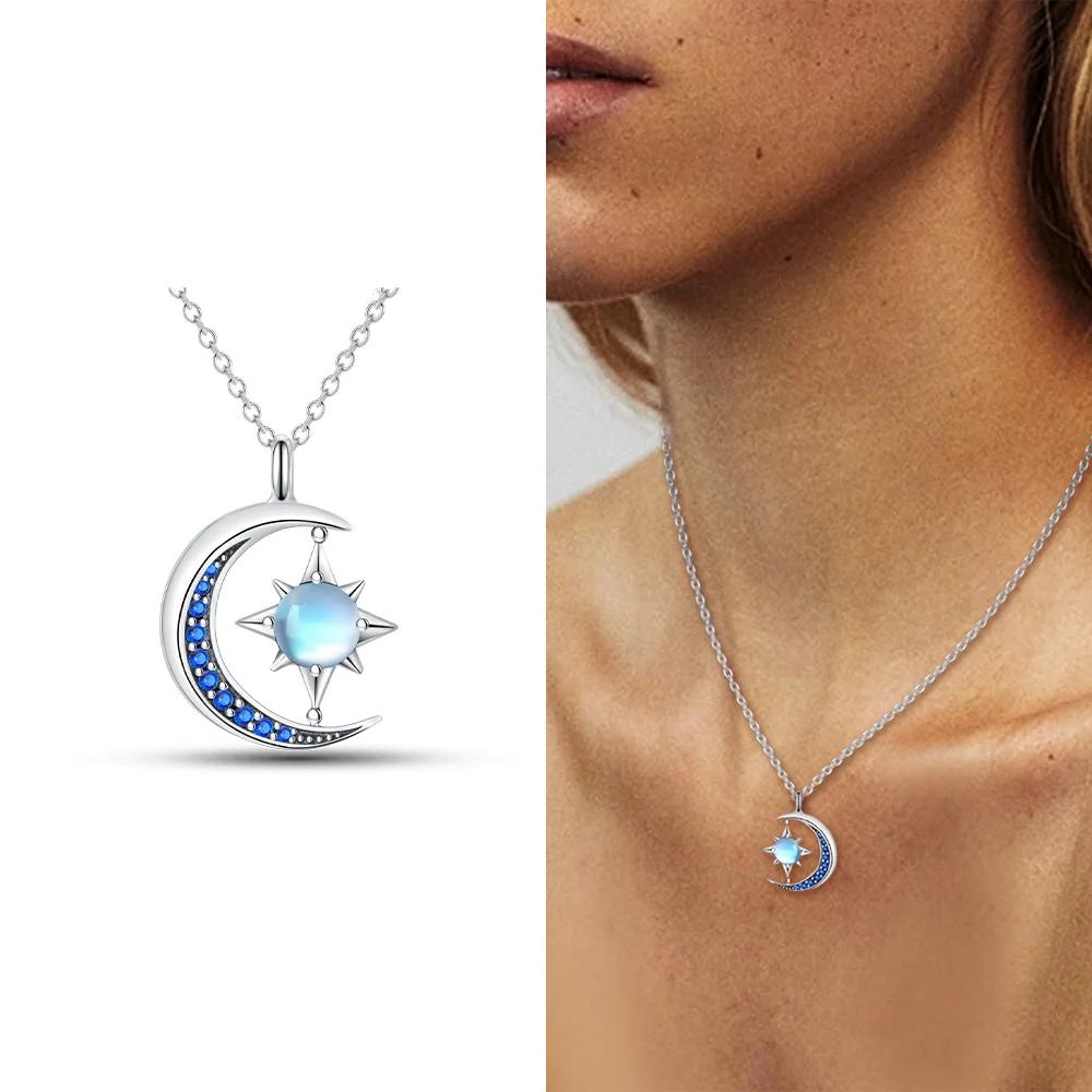 Authentic copper Necklaces Starry Sky Pendant Blue Zircon Moon Star Shape Heart Necklaces Women Jewellery Classical Anniversary Gift