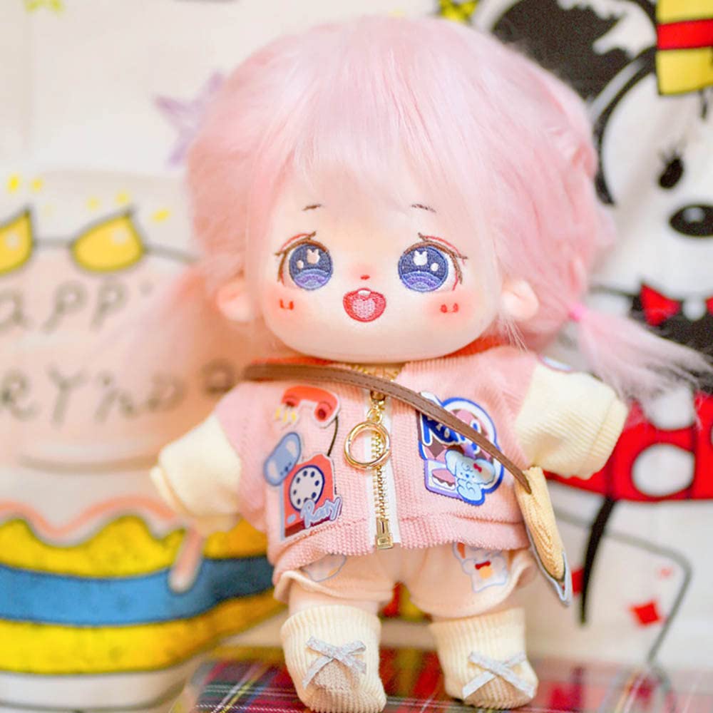 niannyyhouse 20cm Cotton Plush Doll, Purple Eyes, Girl, Pink, Fried Hair, No Attributes, Normal Body, Dress-Up (a-19)