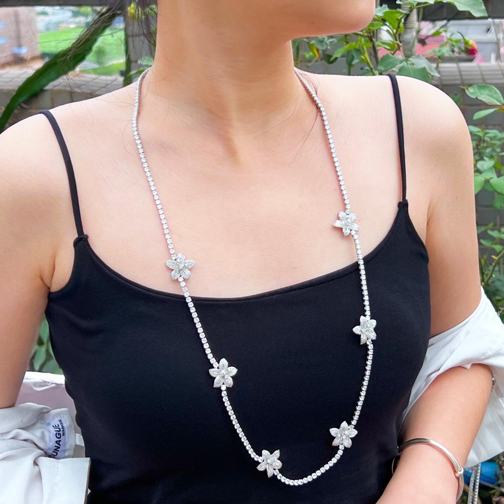 Chic Round Gorgeous Fashion Jewelry Cubic Zirconia Flower Chain Link Long Sweater Tennis Necklace for Women Bridal Party