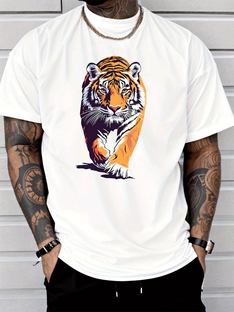 Walking Bold Tiger Modern Art Animal Graphic Unisexs Cotton Crew Neck Tee Short Sleeve Loose Casual Daily Street Male Wear Top
