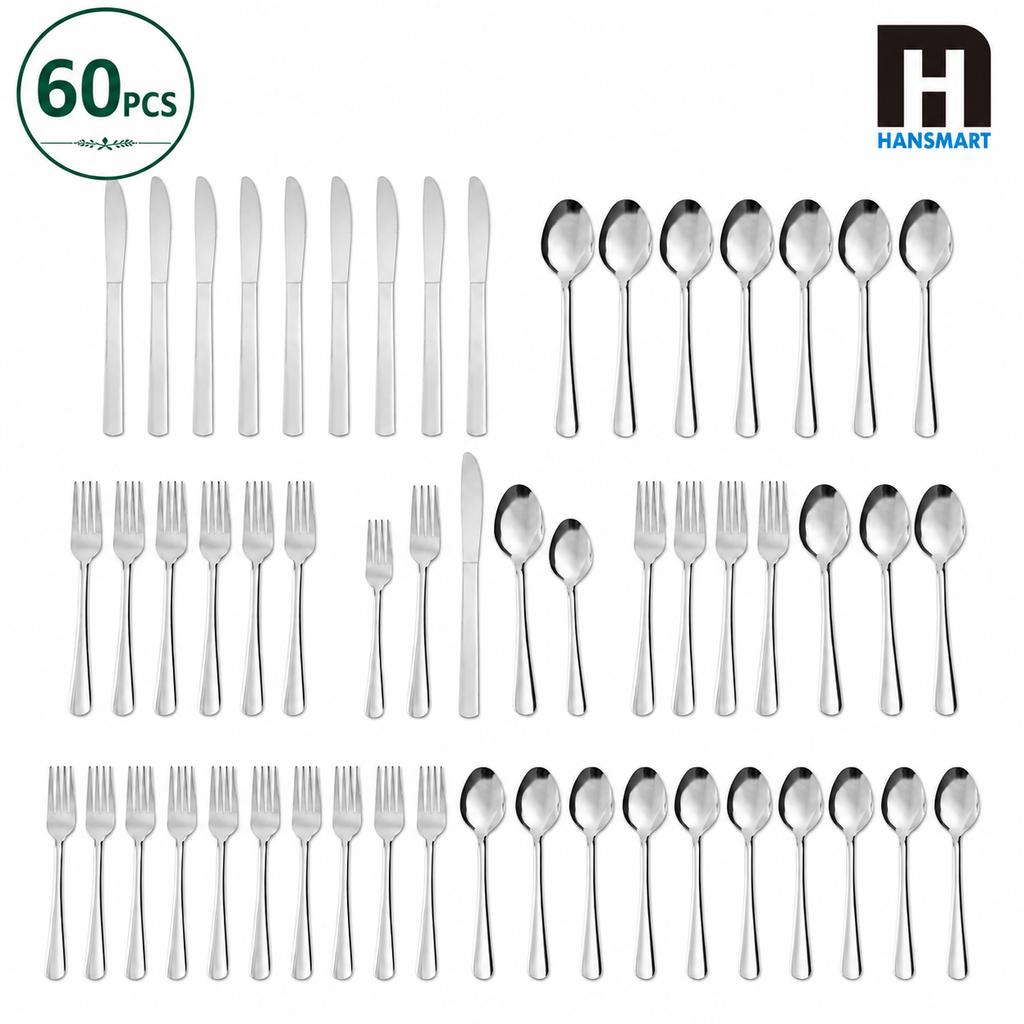 HANSMART 60Pcs Stainless Steel Flatware Set Service for 12 Vertical Ribbed Handle Silverware Cutlery Set Dinner Fork Salad Fork Spoon