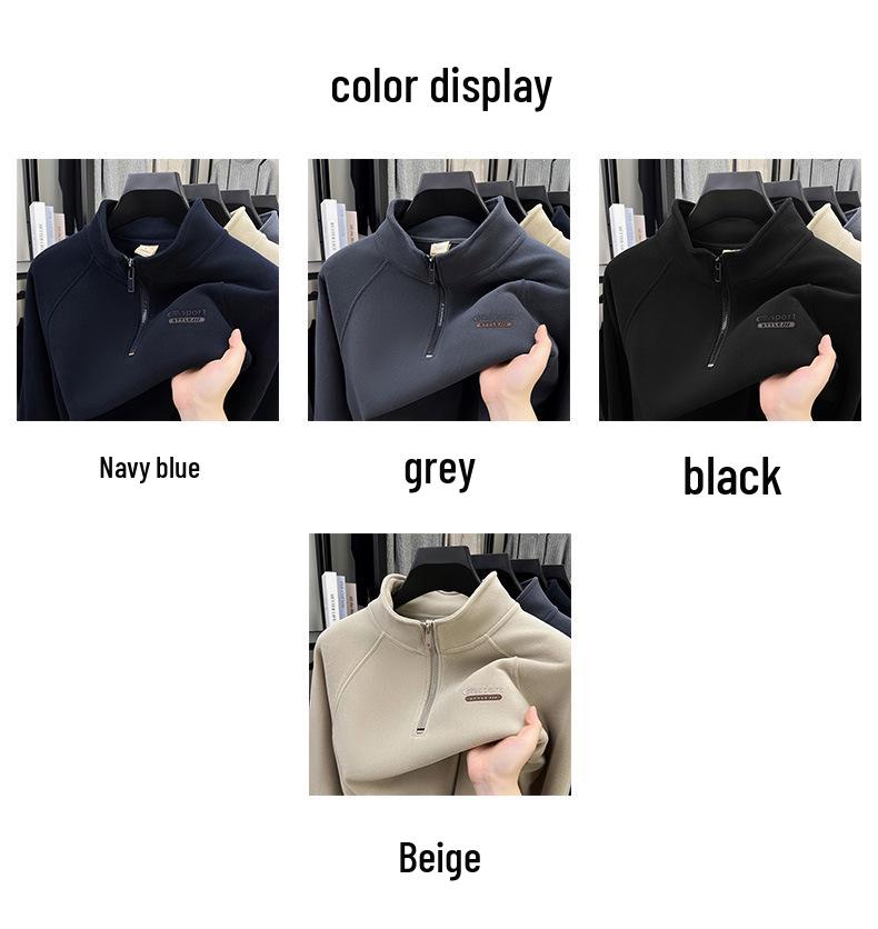- "Warm Wool Sherpa Fleece Half-Zip Sweatshirt with Stand Collar - Double-Sided Velvet for Autumn/Winter"