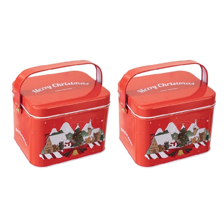 2pcs Decorative Christmas Candy Boxes Handheld Candies Organizers Portable Sweets Tins with Handle for Family Gathering