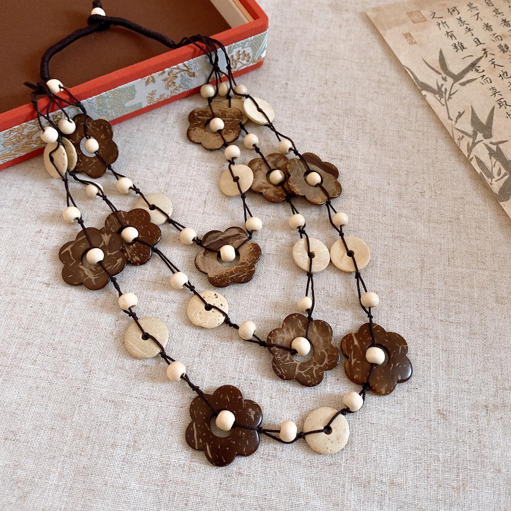 Bohemian Multi-layer Wood Bead Coconut Shell Flower Necklace Accessories Women's Exaggerated Sweater Chain Light Luxury Premium Sense Accessories