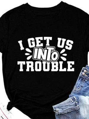 JE NOUS METS DANS DES EMBARRAS Impression Lettres T-shirt Femme Manches Courtes Col Rond Ample T-shirt Femme Hauts Camisetas Mujer