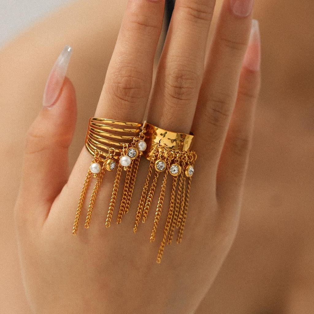 Stainless Steel Tassel Ring with Pearls & Zircon Multi-Layer Hollow Design