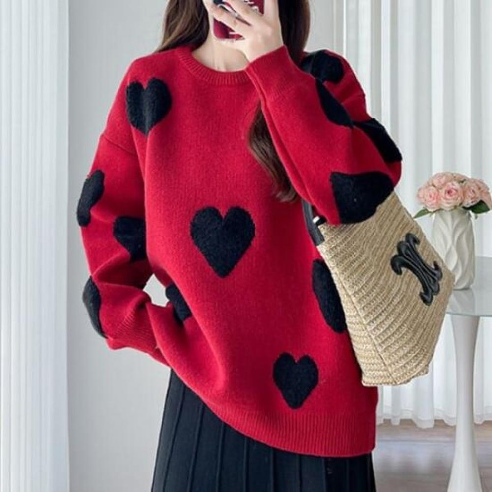 Navava Lovely Heart Round Neck Long Sleeve Knit Sweater Nk2435
