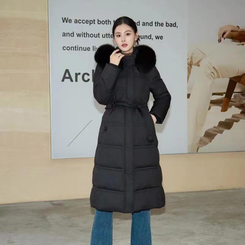 Womens Long Down Coat Over Knee Slim Fit Hooded With Real Fox Fur Collar Thick Warm White Duck