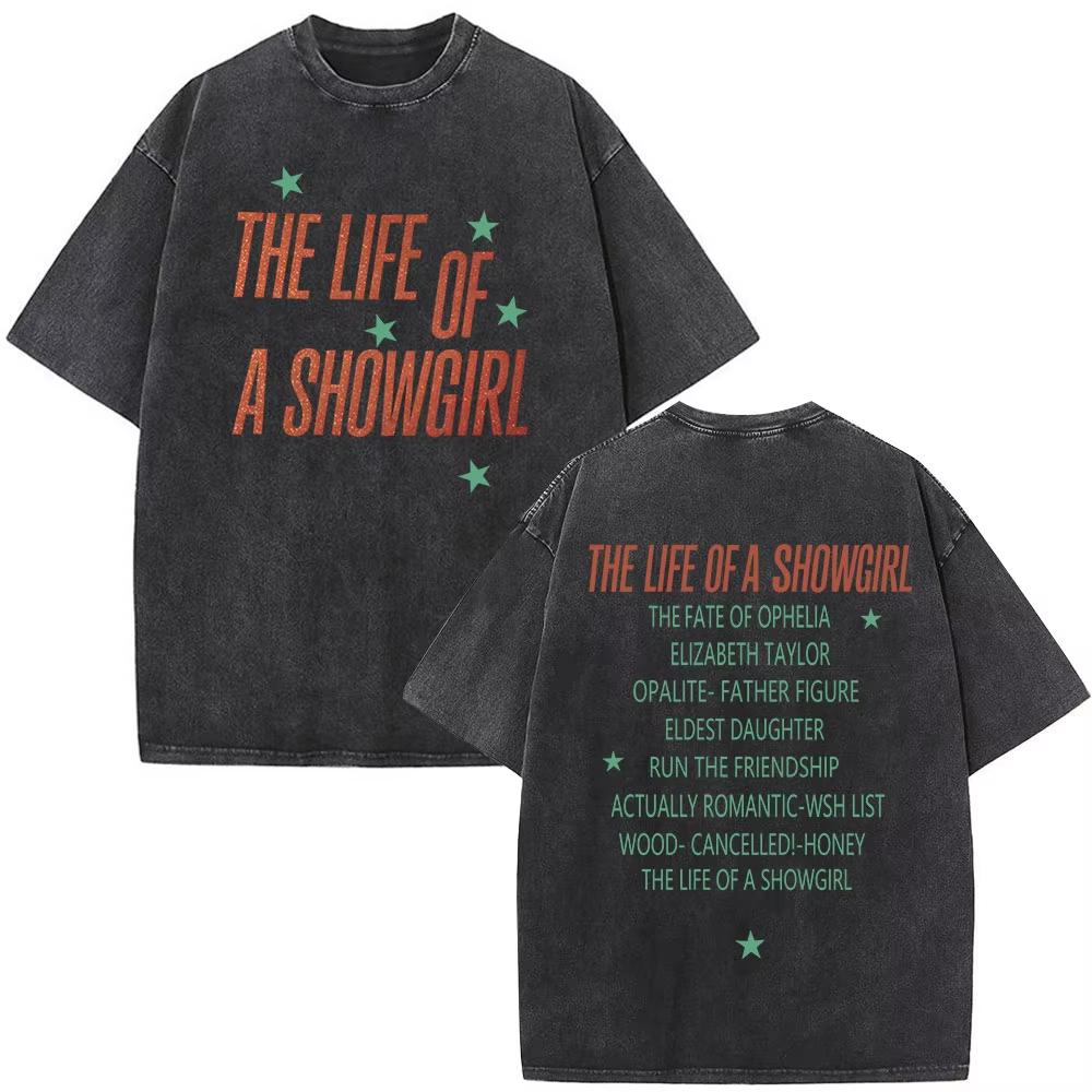 The Life of A Showgirl Album Merch Tshirts Fan Gifts Mens Women Clothing Vintage Washed Cotton Oversized Short Sleeve T Shirts