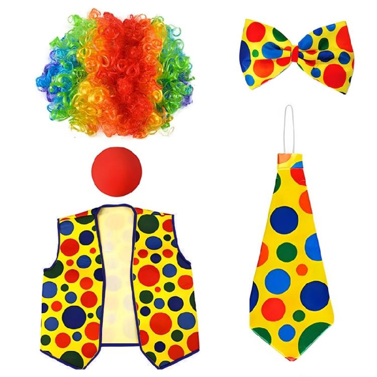 Full Feature Adult Clown Cosplay Set for Halloween Celebration Role Play Rainbow Wig Nose Bowtie Gloves Accessories Set