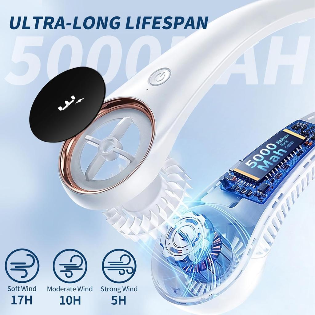 Personal Cooling Portable Neck Fans - USB Rechargeable,360 Free Rotation & Lower Noise Bladeless Battery Operated Design with 3 Speeds Duration 48