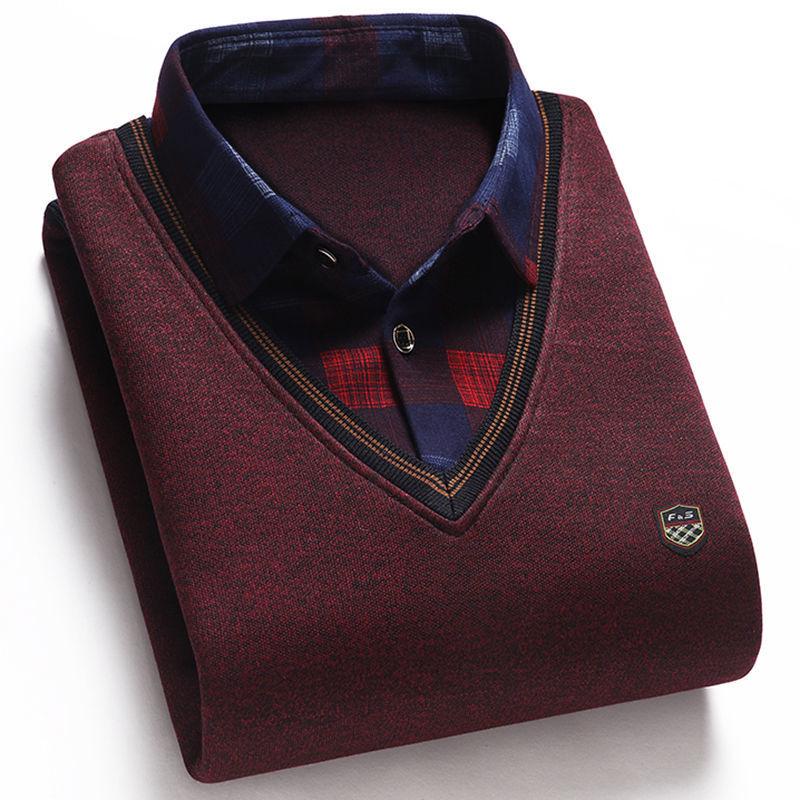 Men's Fleece-Lined Two-Piece Shirt Collar Sweater for Middle-Aged & Elderly