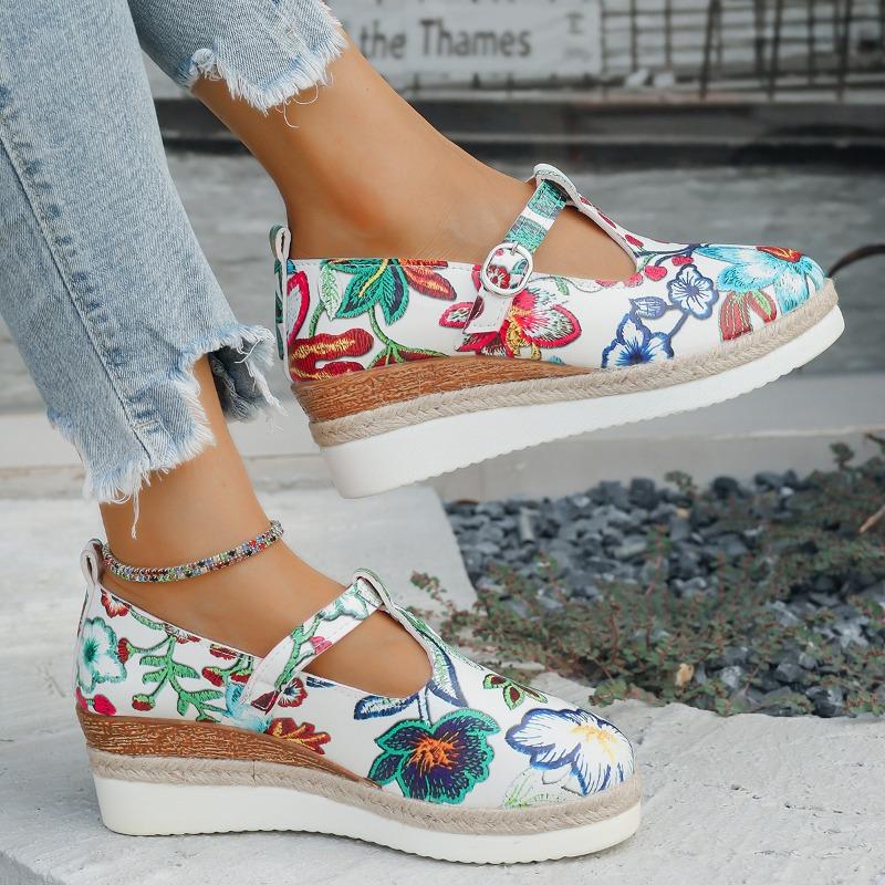 Thick-soled fashion casual single shoes women's printed bag head belt buckle hollow wedge heel large size single shoes
