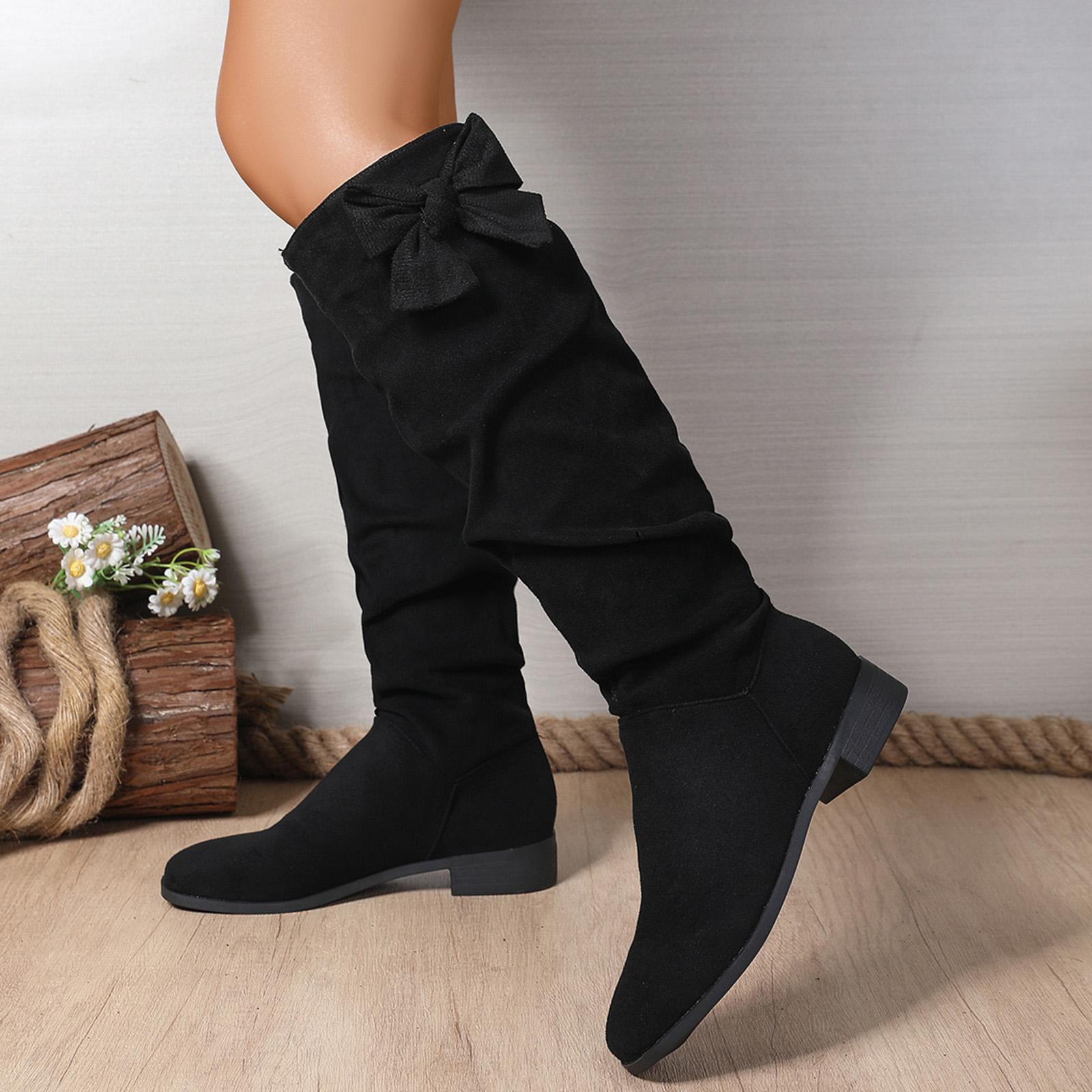 Women s Fashion Bow Decorated Over The Knee Boots Chunky Heel Western Boots High Top Wide Calf Knee High Boots for Women Leather 37 чёрный 3700₽
