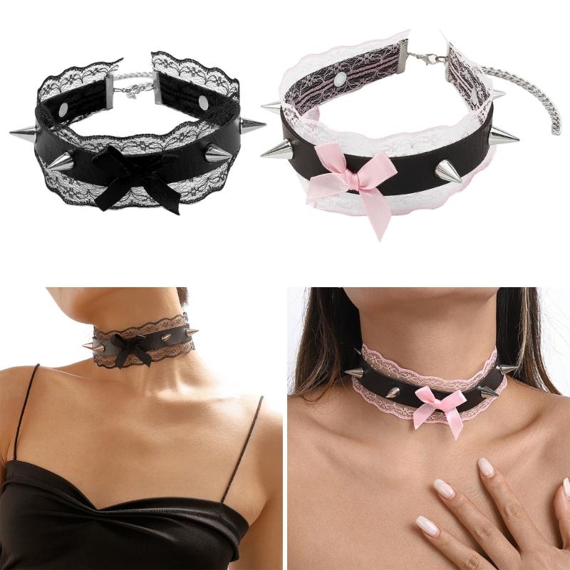 Lace Bowknot PU Pendant Short Necklace for Women Trend Cosplay Clavicle Choker Adjustable Collar Girls Party Jewelry