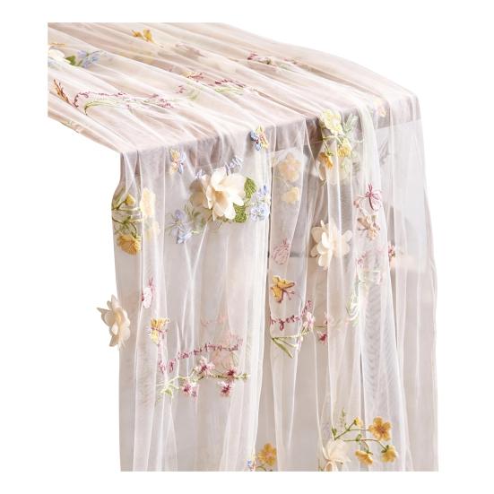 Elegant Birthday Table Decor Lace Embroidery Floral Tablecloth, 3D Flower Tulle Sheer Cover, Seasonal Tablecloth for Party Colorful Cloth Wedding