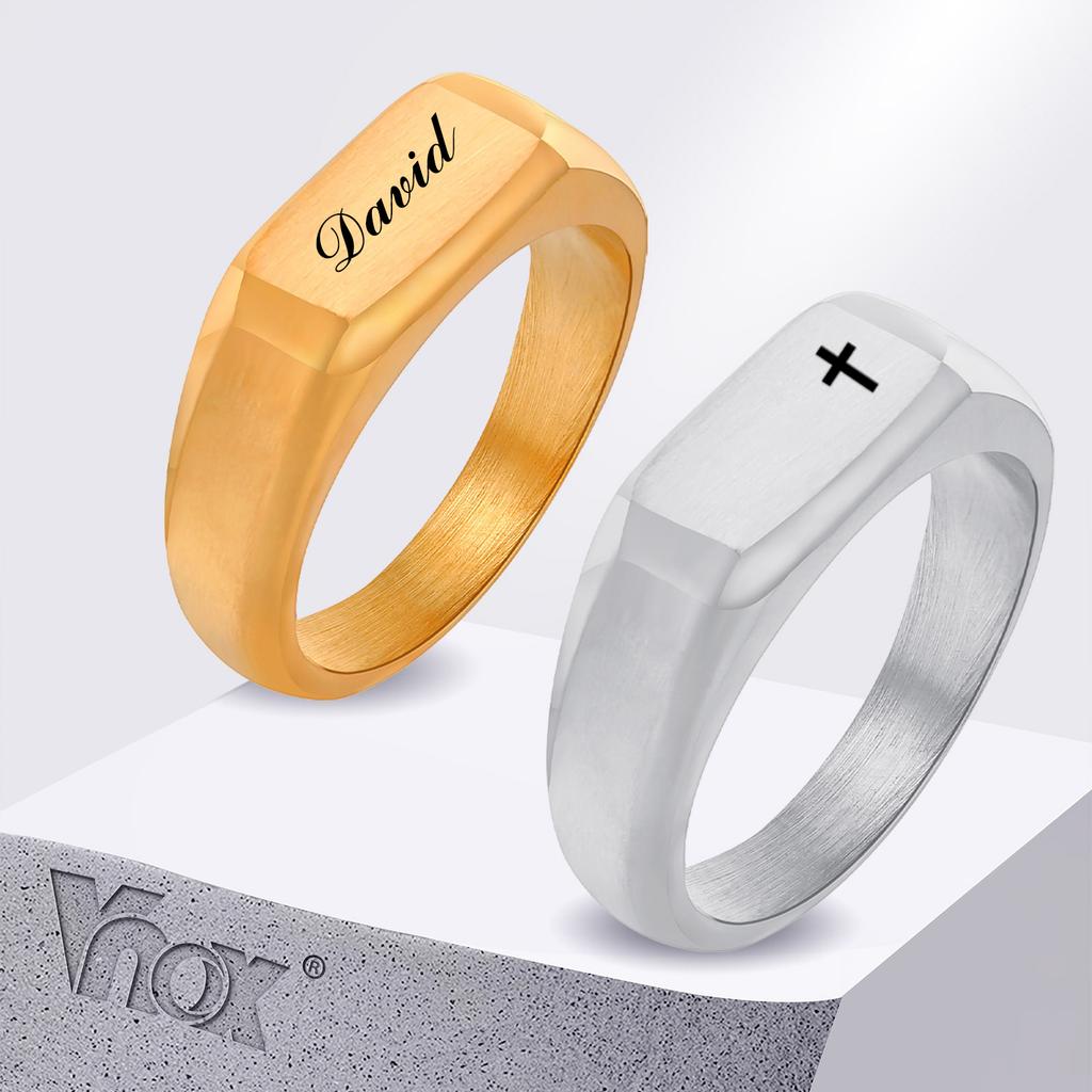 Vnox Benutzerdefinierter Namensring für Männer Frauen, Edelstahl Siegelring, Geometrischer Bar Schwerer Kuppelbandring Coole Fingerringe